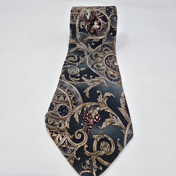 Disney Mickey Inc Tie Mens Green‎ Gold Baroque Scroll Medallion Ornate Necktie - Picture 2 of 6